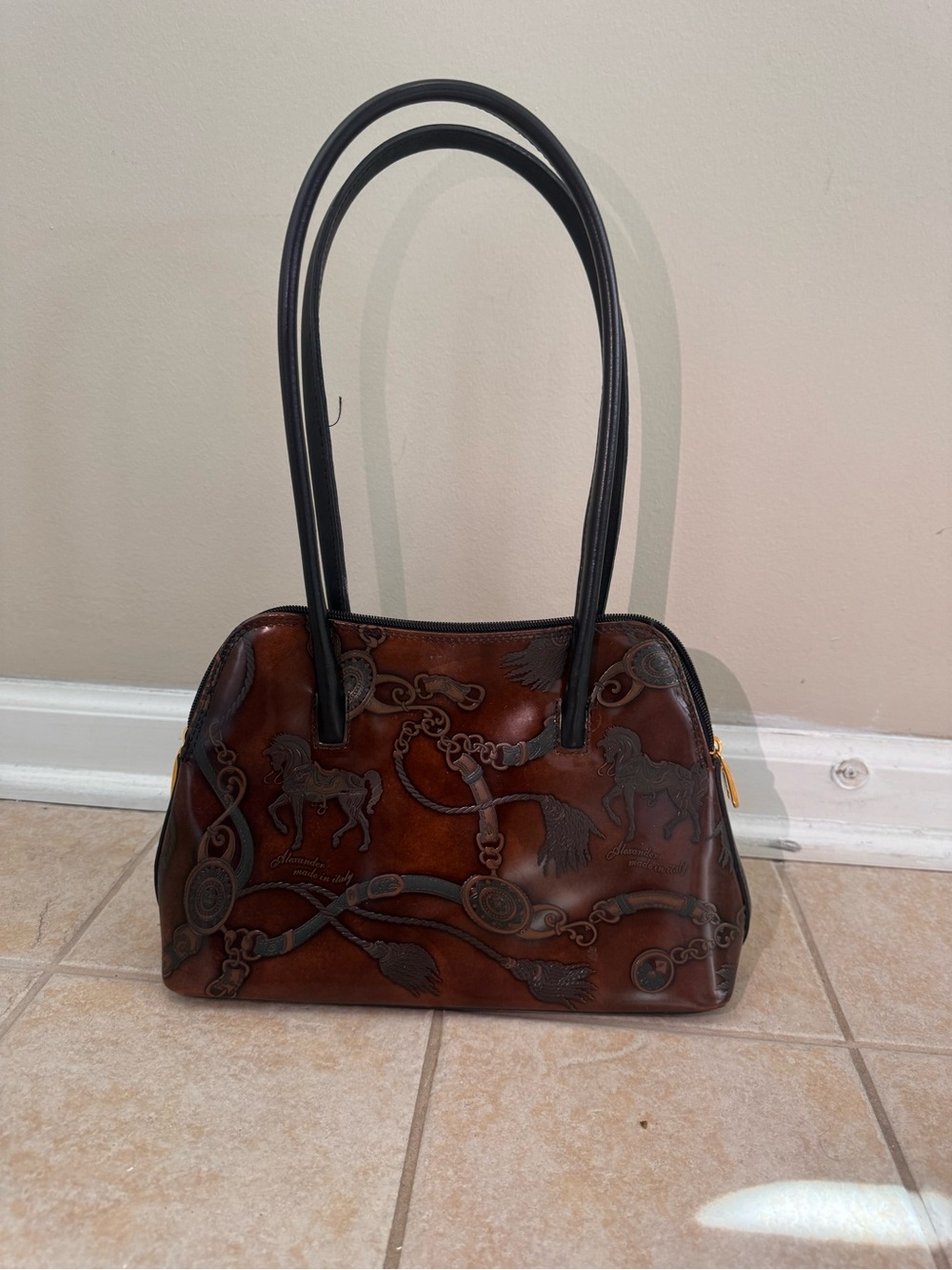 Alexander Equestrian Brown and Black Tooled Leather Horse-Print Shoulder Bag